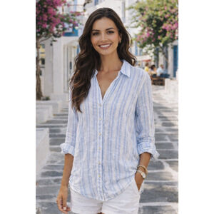 Sigrid Olsen Striped Linen Shirt Button Front Blue White Beach 2X Resort Coastal